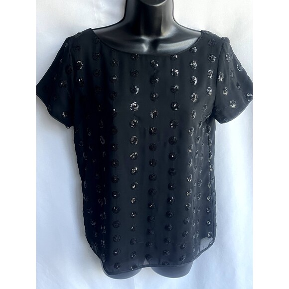 Milly Black Short Sleeve Sequined Dot Tee Scoop Back Blouse Size 2 Party Basics - Picture 2 of 12